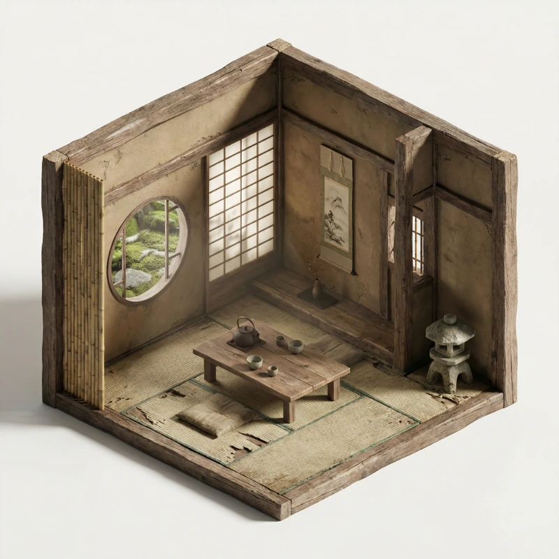 Nano Banana model generation of Isometric Wabi-Sabi Tea Room