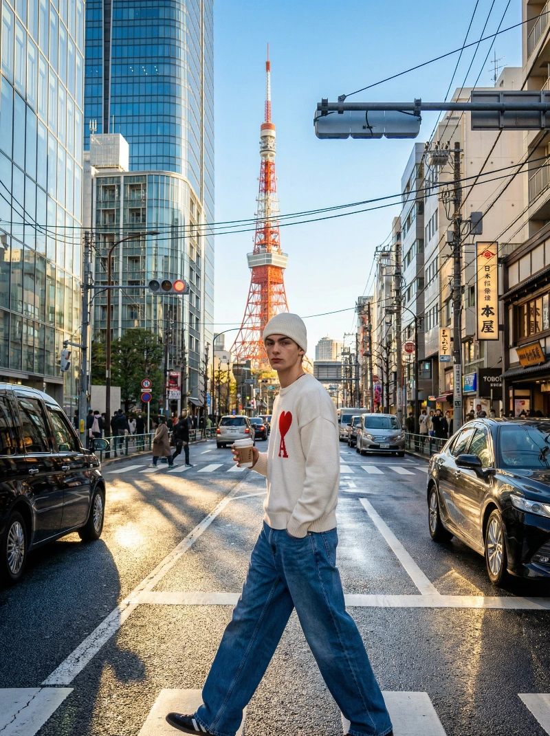Nano Banana model generation of Sunny Tokyo Winter Street