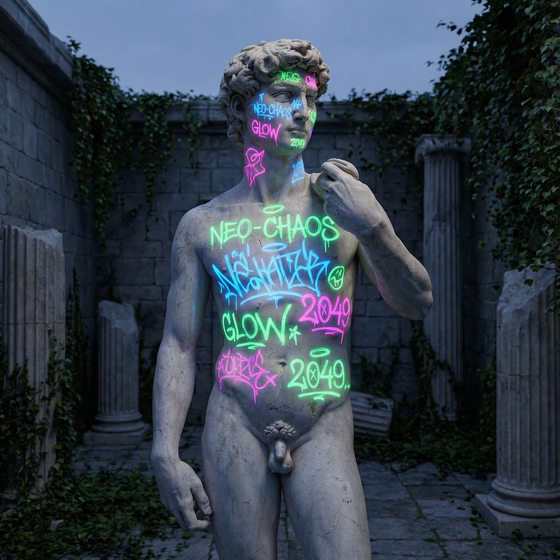 Neon David: Ancient vs Modern, created using a Nano Banana Prompt