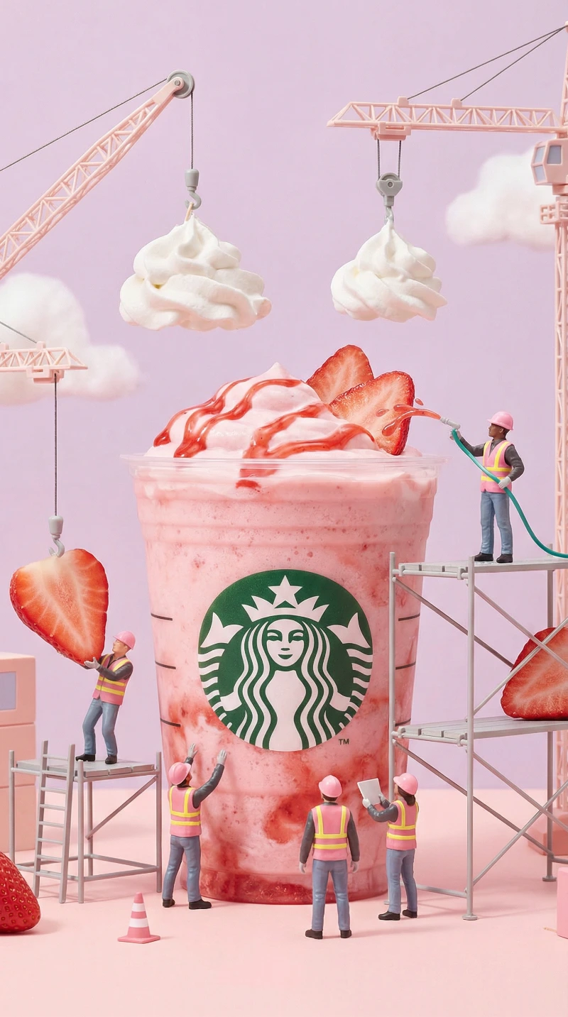 Nano Banana model generation of Strawberry Frappuccino Construction