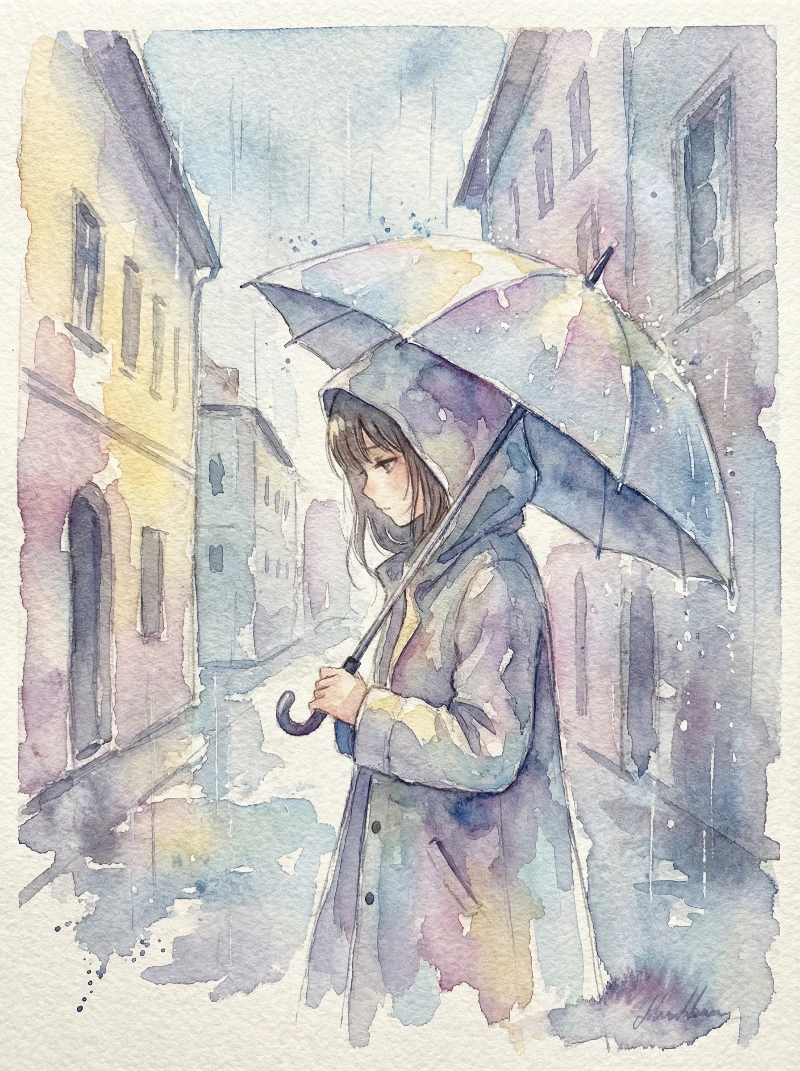 Pastel Rain Umbrella Girl