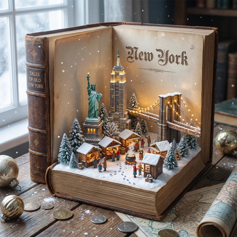 Nano Banana model generation of Magical NY Winter Book Scene