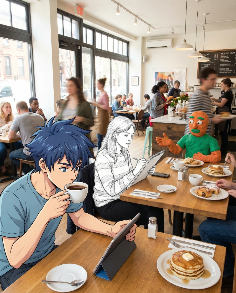 Cafe's Mixed Art Styles, created using a Nano Banana Prompt