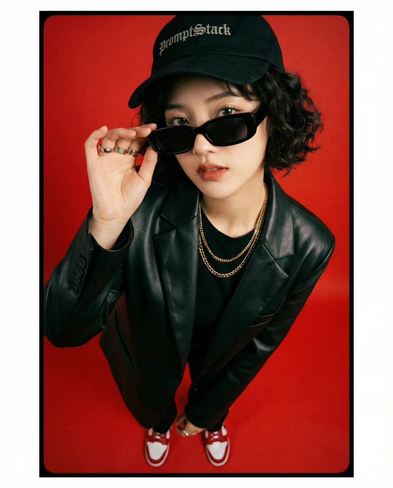 Nano Banana model generation of Red Urban Fashion Portrait