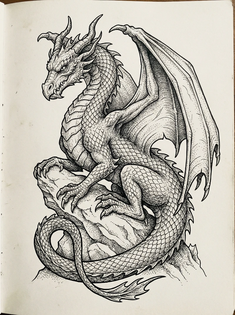 Black Ink Dragon Stipple Art