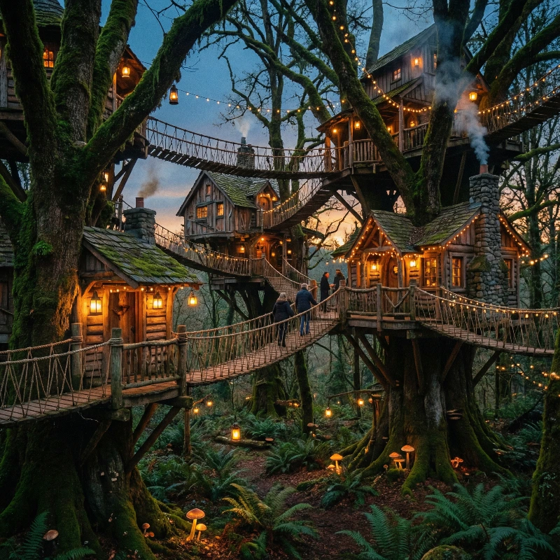 Nano Banana model generation of Dusk Treehouse Village