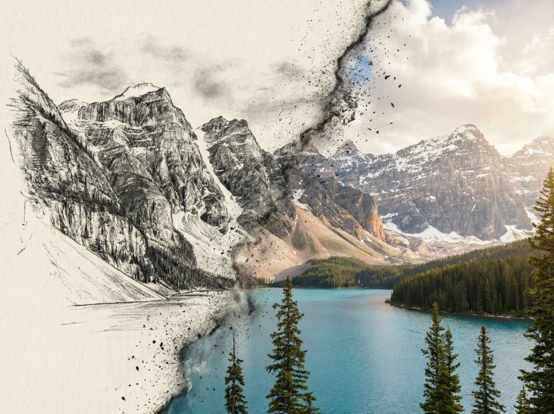 Nano Banana model generation of Sketch to Real Mountain Transition