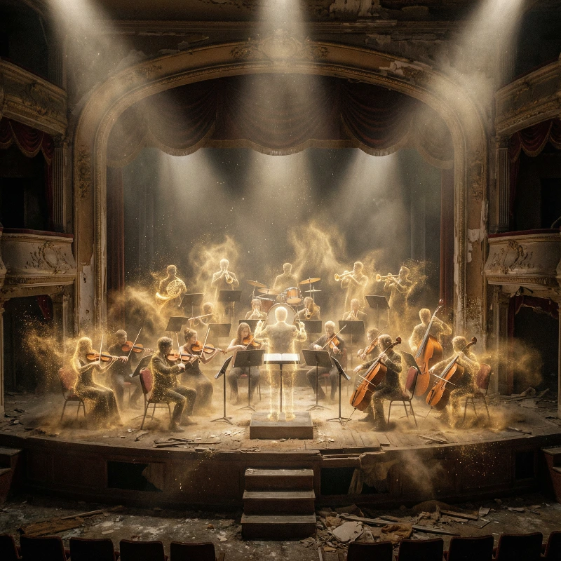 Invisible Orchestra in Abandoned Hall, created using a Nano Banana Prompt