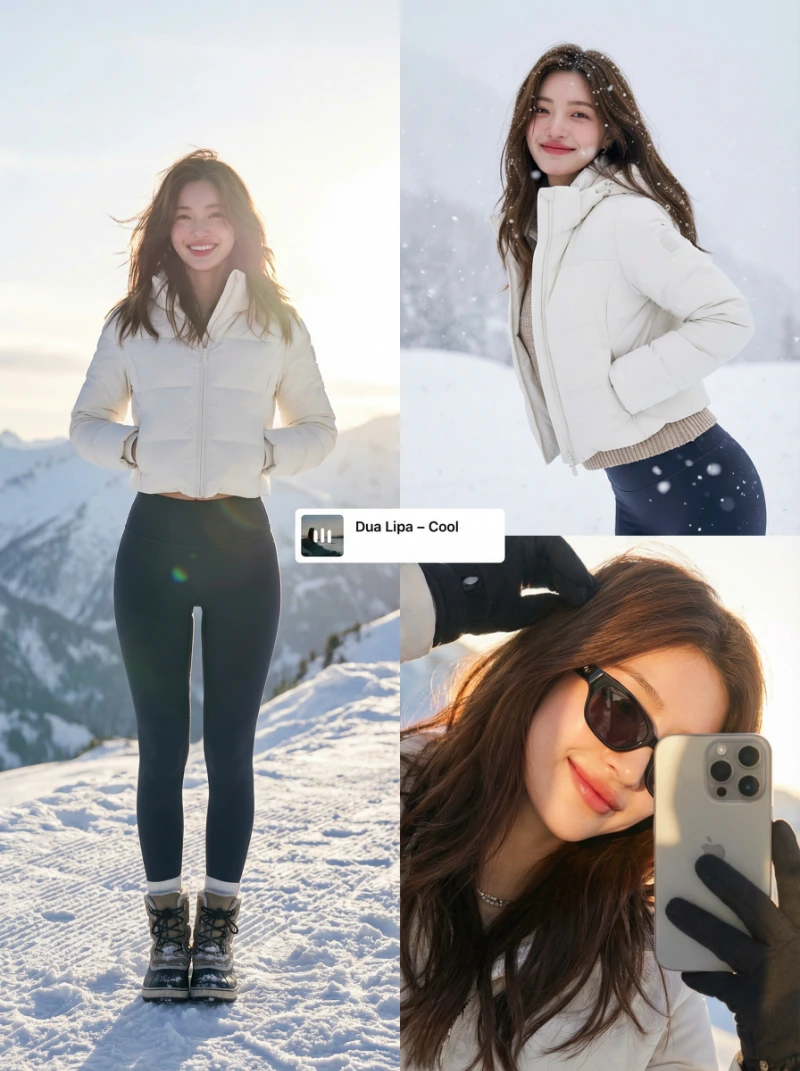 Nano Banana model generation of Cinematic Winter Female Collage