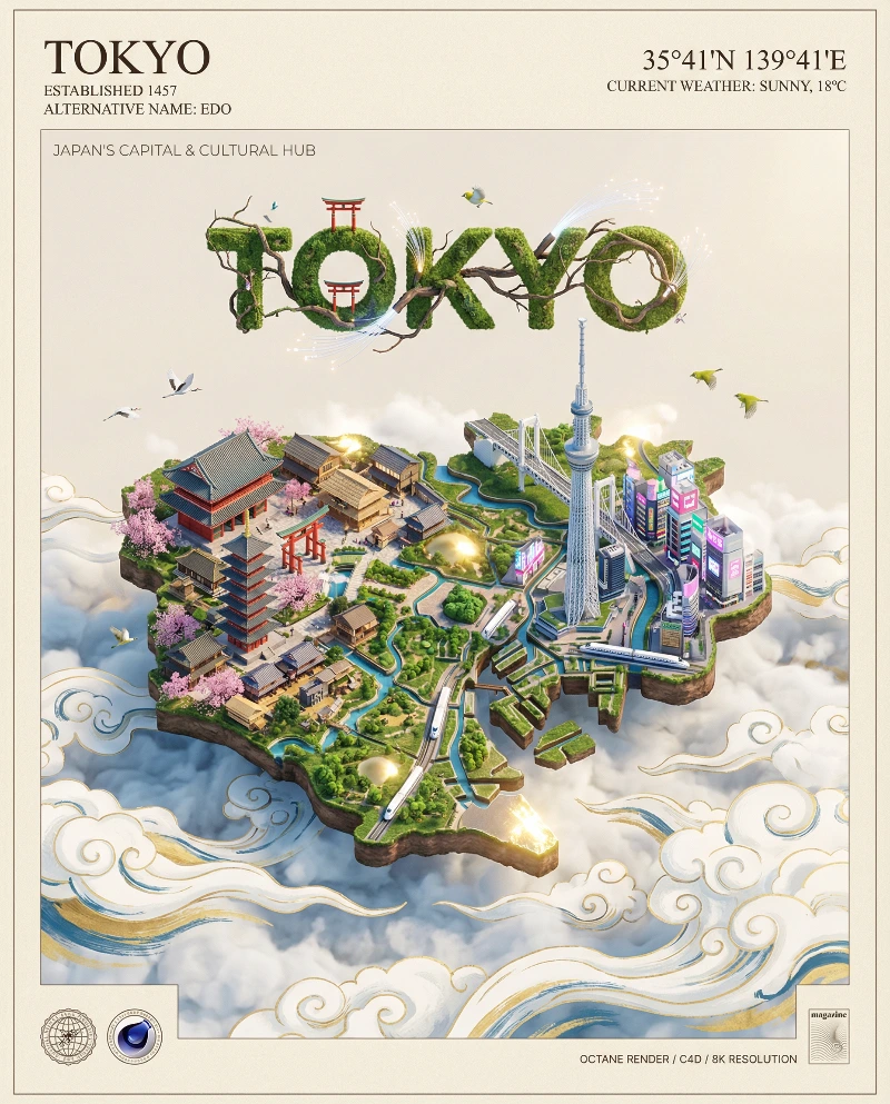 Nano Banana model generation of Tokyo Cloud Island Digital Art