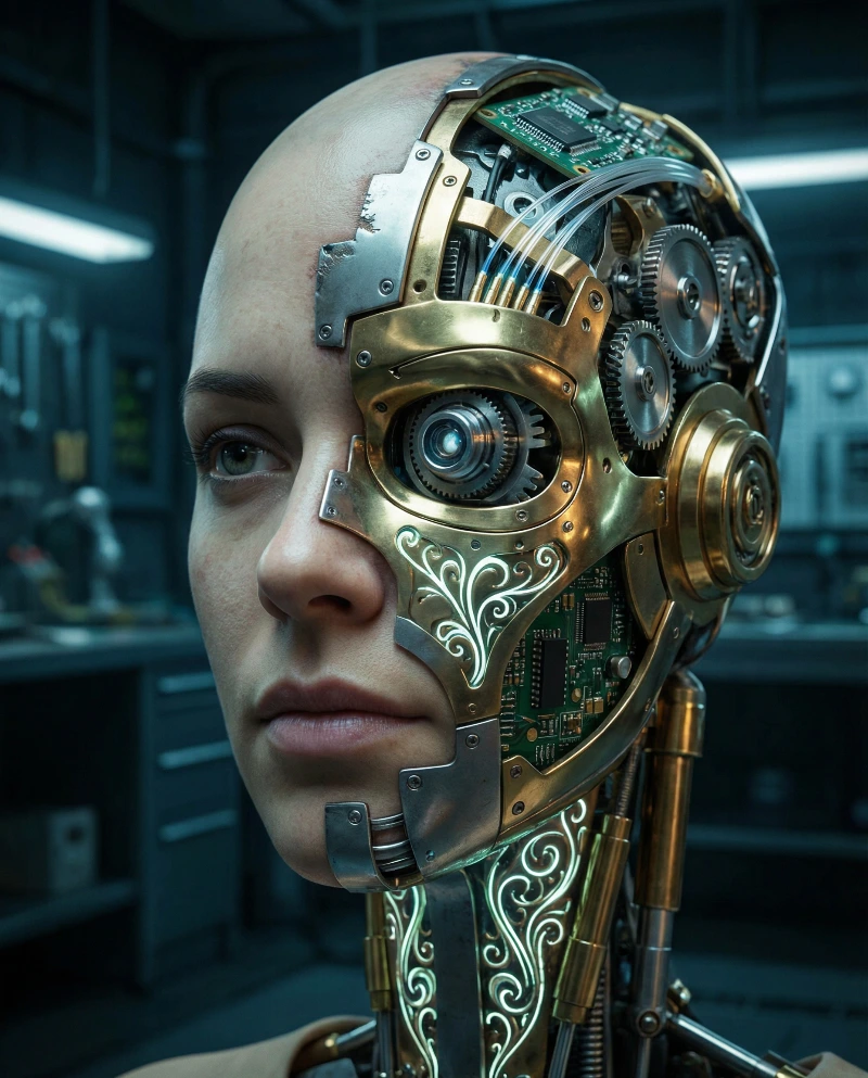 Half-Human Cyborg Portrait, created using a Nano Banana Prompt