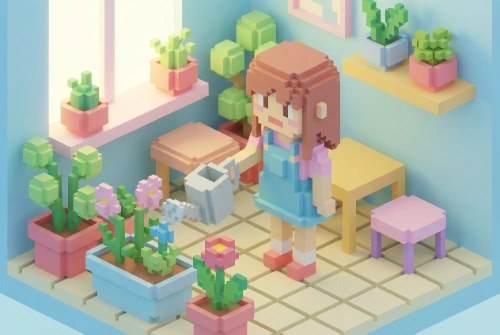 Voxel Girl Watering Plants